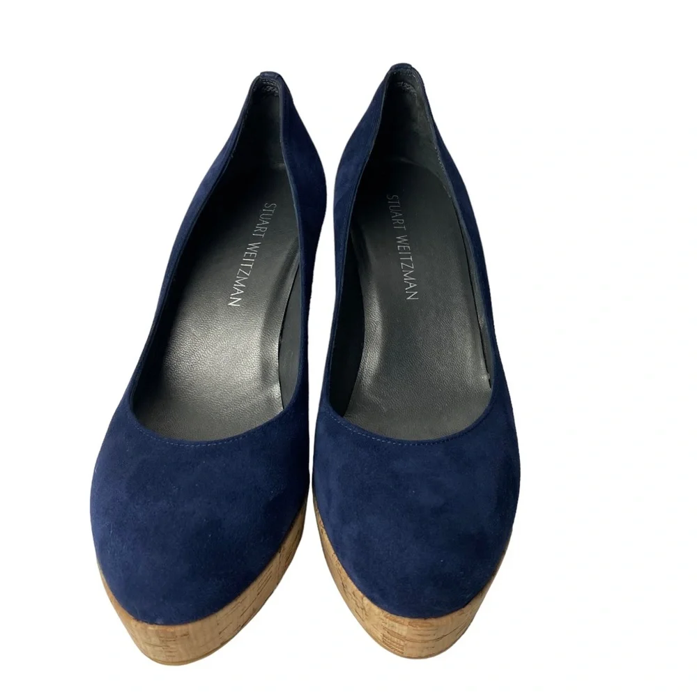 Stuart Weitzman Navy Suede Cork Wedge Pumps - Picture 5 of 11